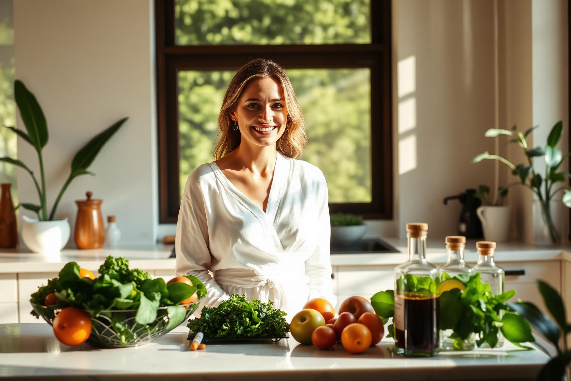 Healthy woman in a sunlit modern kitchen with fresh produce and supplements